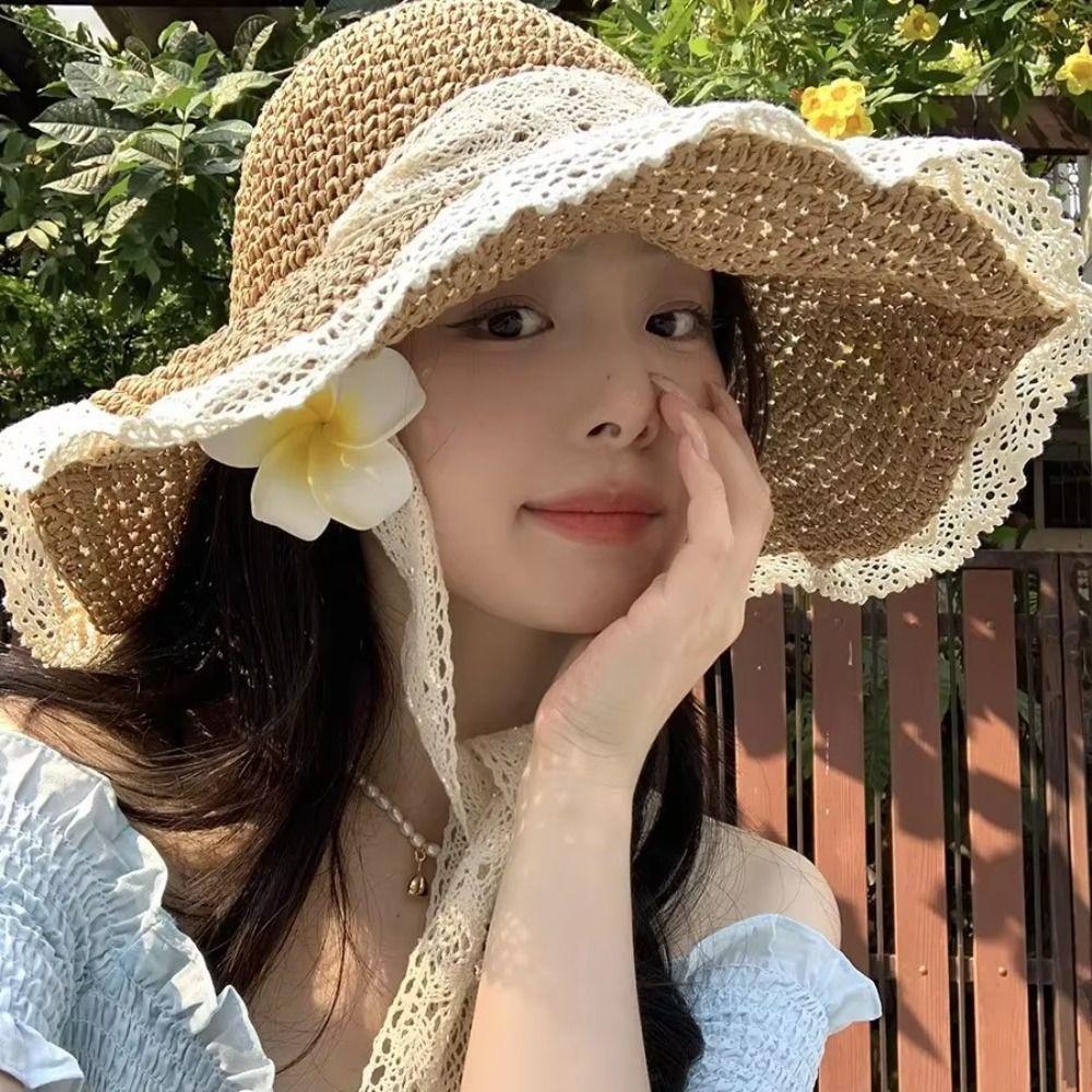 Pastoral Style Big Brim Sun Hat Lace UV Protection Cap Foldable Women Straw Hat  Female