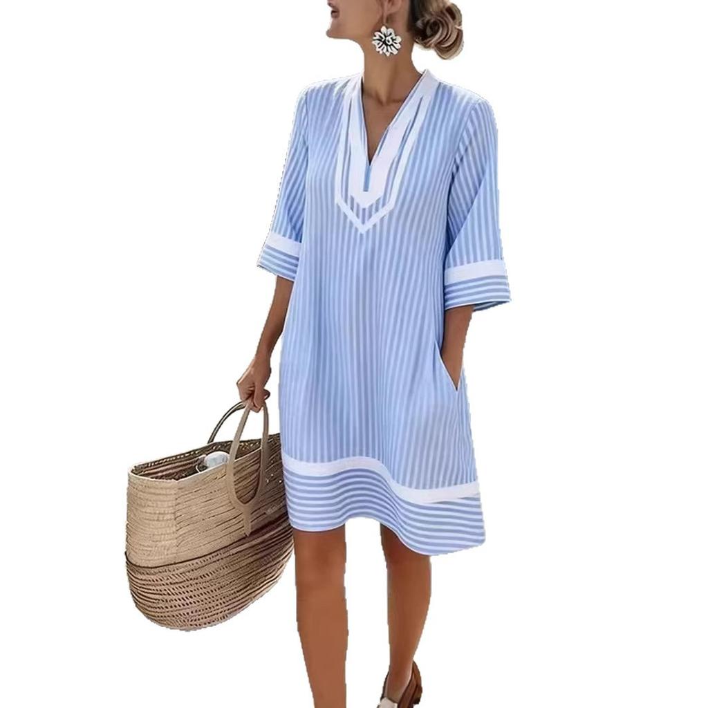 2026 new seaside vacation style V-neck bohemian print loose beach dress short sleeve casual fashion