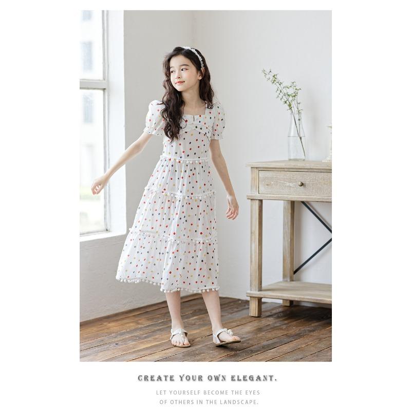 Kids Big Girls Korean Style Polka Dot Short Sleeve Fringe Hem Long Princess Dress
