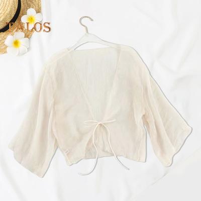 Women Sheer Chiffon Cardigan with Front-tie Transparent Loose Top Elegant Retro Style Shawl for Vacation Beach Daily Wear