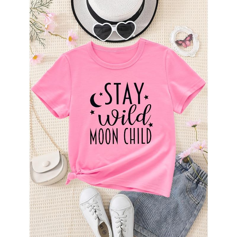 European Size Girls Round-neck Short-sleeved T-shirt with Unique English patternsWSL Girl STAY Wild MOON CHILD