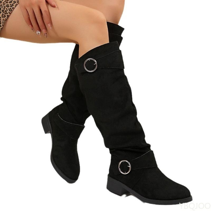 New Flat Bottomed Boots for Women with Thick Buckles Simple Comfortable Style Versatile Long Boots for Women