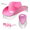 Wedding Cowboy Hat 3Pcs/Set Shining Rhinestone Tassel Cowgirl Jazz Heart Disco Bandana Set Shape Sunglasses Bandanas Women Men Cosplay Costume Paisley