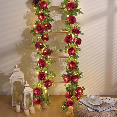 6.5ft Artificial Eucalyptus Garland with Roses and Gypsophila - Fake Greenery Garland for Weddings, Bridal Showers, Birthdays, Anniversaries