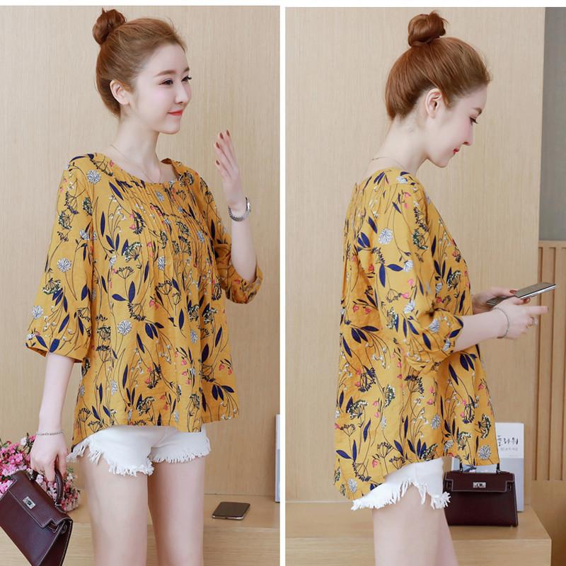 Elegant Womens Floral Print Casual Long Tops Shirt With Loose Vintage Ethnic Design And Crew Neck