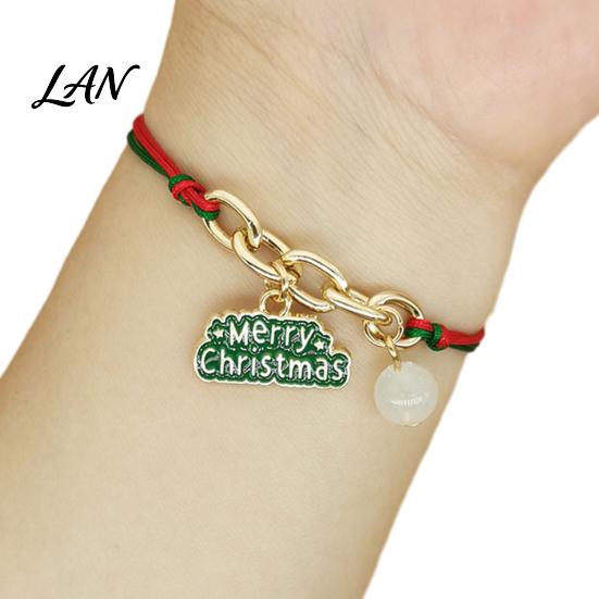 Christmas Party Favors Bracelets, Red Green String Bracelet, Adjustable Charm Bracelet Novelty Decorations with Glow in The Dark Bead for Women Girls