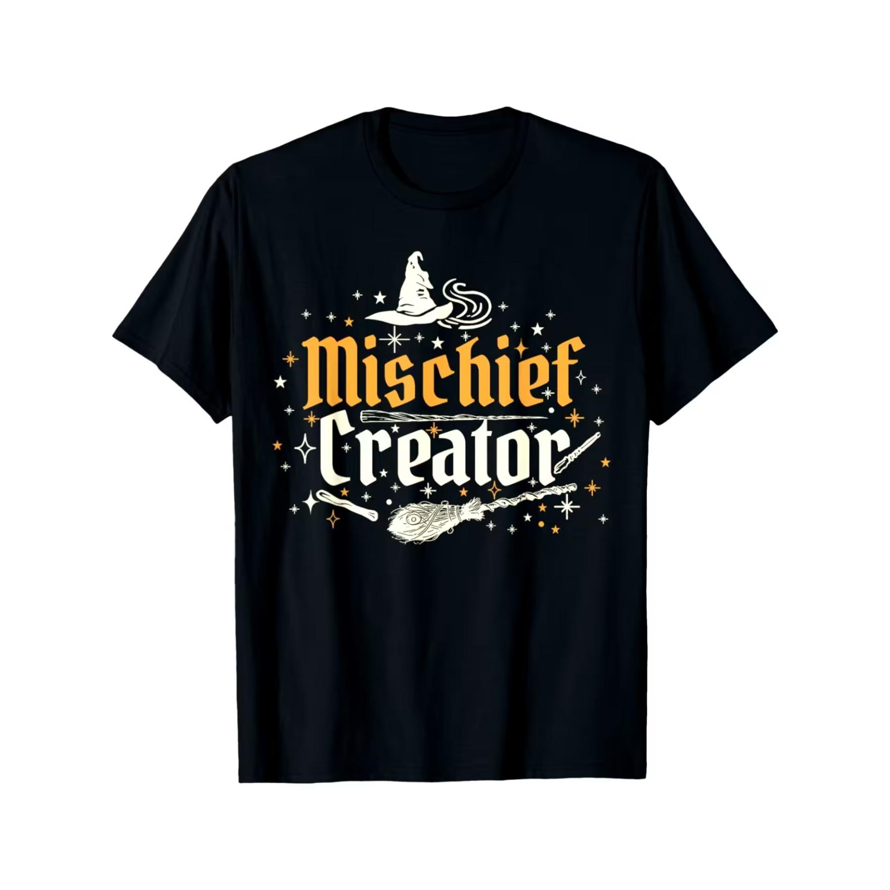 

Funny Creator Wizard Graphic T-Shirt for Adults - Black Casual Loose Fit Tee with Witch Hat & Stars Design S чёрный