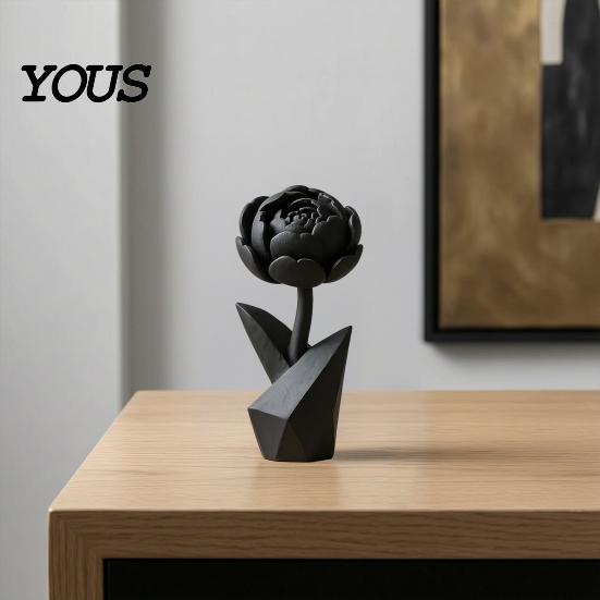 Flower Sculpture 3D Printed Figurine, Small Black Peony Tabletop Ornament Lightweight Decorative Piece for Office Executive Desk, Living Room, Bedroom