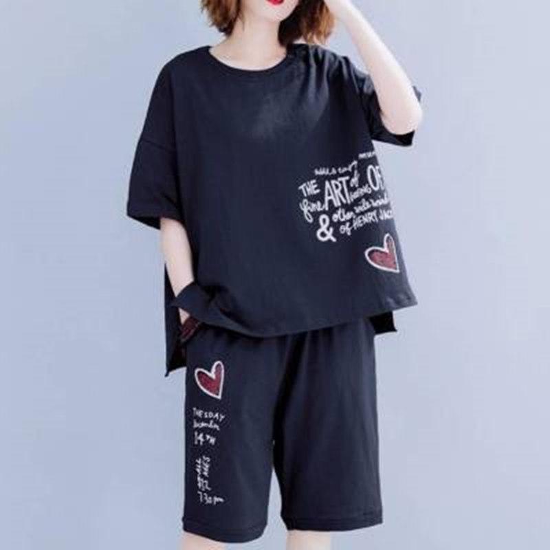 Spring Summer Women's Plus Size Casual Two-Piece Set with Heart Motif - Short-Sleeve T-Shirt and Shorts