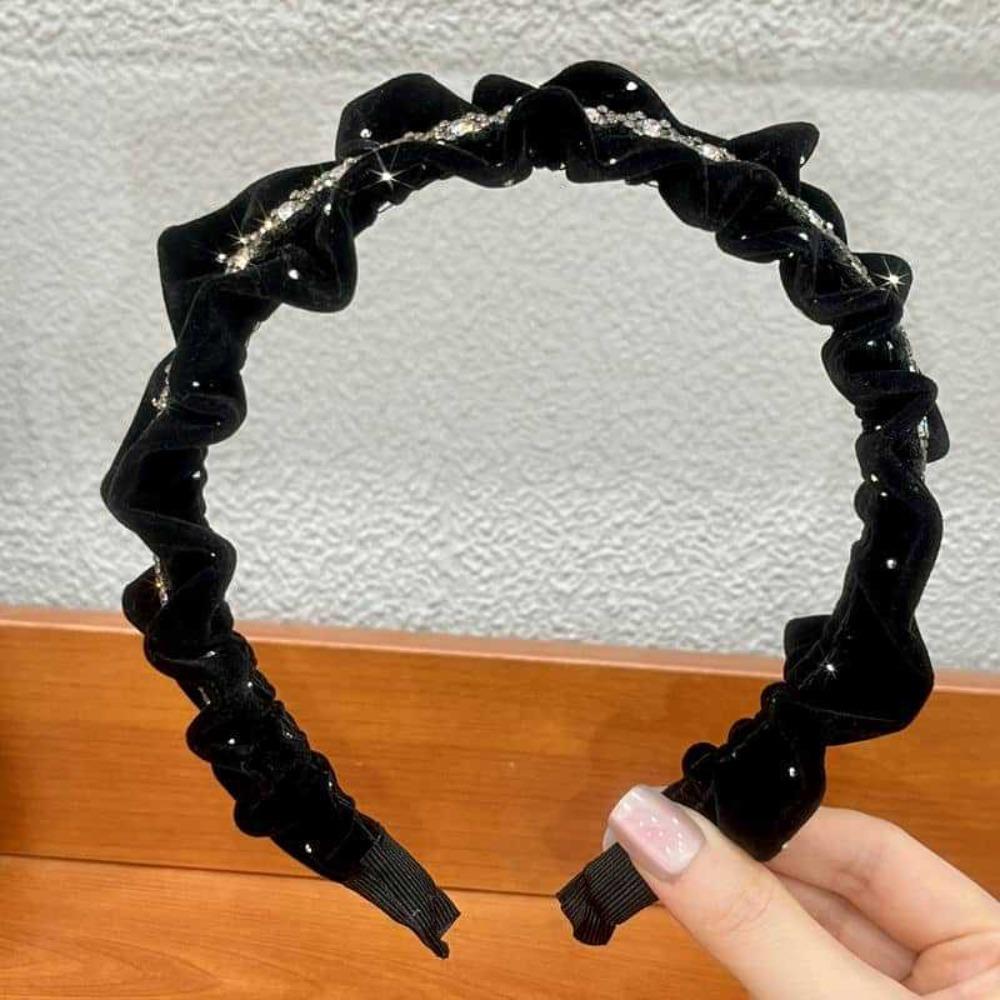French Style Velvet Pleated Hair Hoop Sweet Women Sequin Hairband Shiny Rhinestone Headband  Female