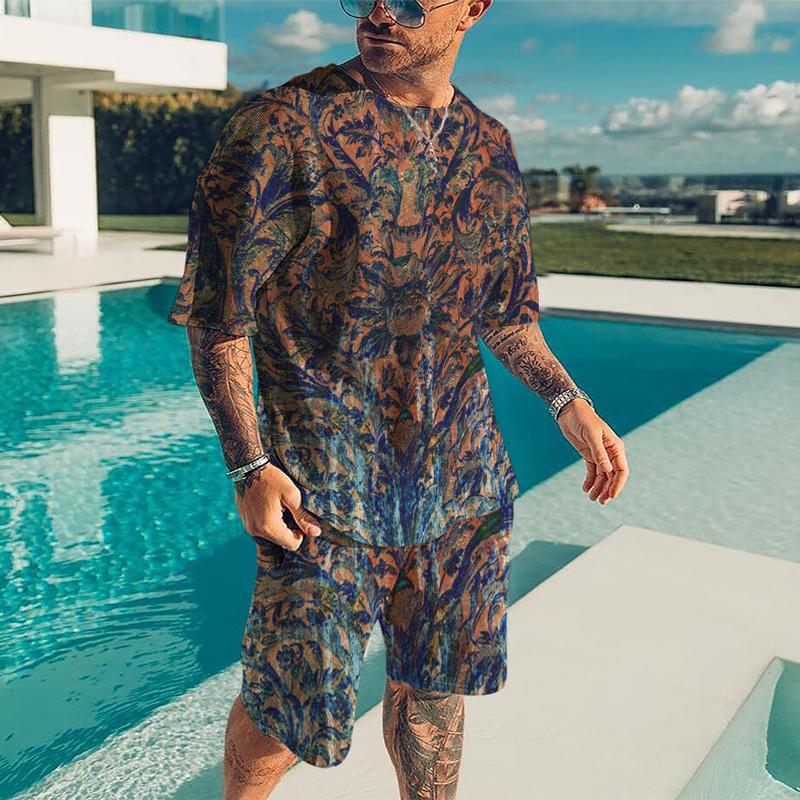 Summer Quick Drying Men's Sports Set 2-Piece 3D Printing Gold Line Black Set European Luxury Style Men's T-shirt+Beach Pants