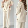 2 Pcs/Set Women Knitted Outfit V Neck Long Sleeves Top High Waist Wide Leg Trousers Thread Home Casual Clothes Pajamas Set Fall Winter Tracksuit Set