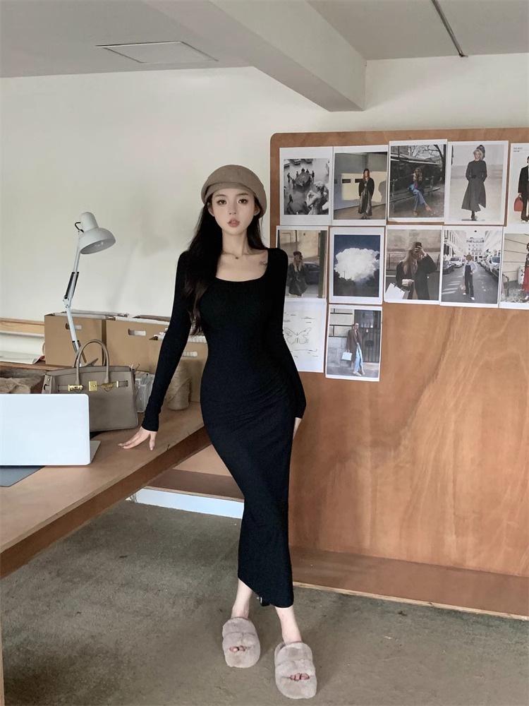 Women's Gray Long-Sleeved Square Neck Mermaid Dress - Spring 2026 Collection