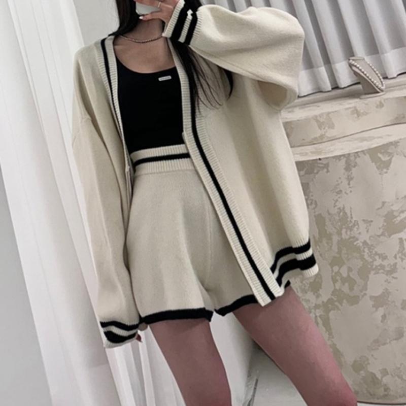 Cárdigan de Punto Holgado de Moda con Cuello en V y Cremallera, Suéter, Shorts Casuales de Cintura Alta, Conjunto de Dos Piezas, Ropa Elegante y Sencilla para Otoño Invierno