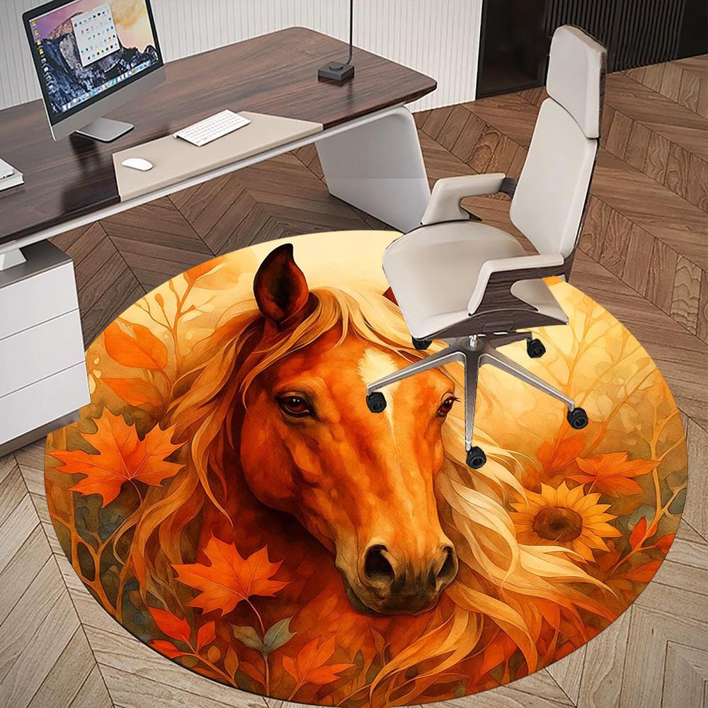 1pc Autumn Horse Round Chair mat office Area Rug - Non-Slip, Floor Mat for Office, Bedroom, Ideal home decor gift c0112085