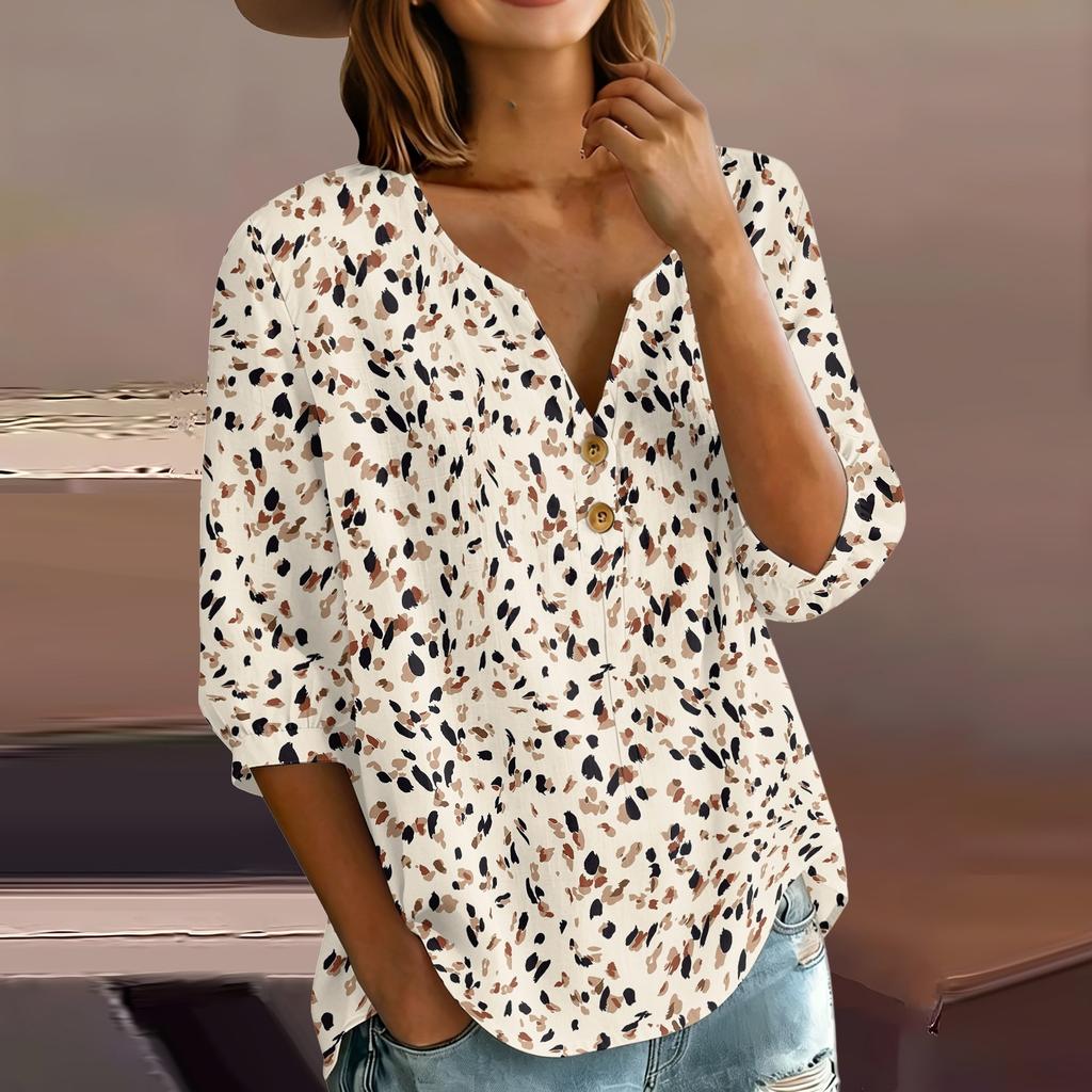 Women’s Floral Print Cotton Linen Shirt with Henley Button Neckline and Three Quarter Sleeves Casual Loose Fit Blouse Top