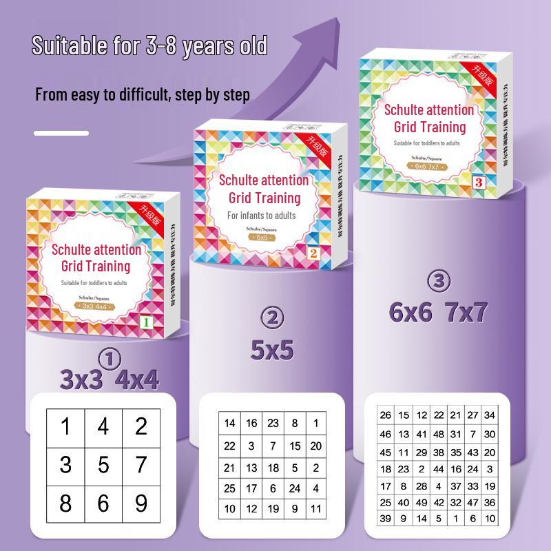 Shulte-rutenett øvelseskort: Konsentrasjonstrening for barn i alderen 3-8 år, Forbedre oppmerksomhetsspennet, Pedagogisk leketøy