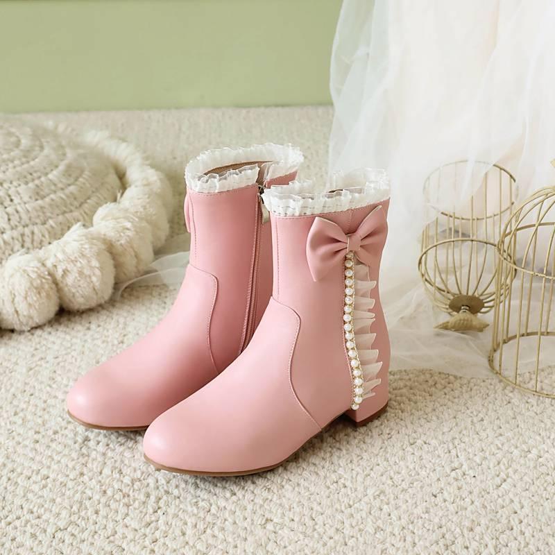 Autumn and winter girls Martin boots pink princess shoes side zipper medium and older children's shoes new Lolita children's low boots women