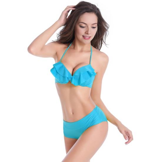 Women Bikini Set, Push-Up Cup with Built-In Steel Support Bikini Set, Double Layer Ruffle Trim Swimming Suit, Adjustable Hanging Neck Strap High