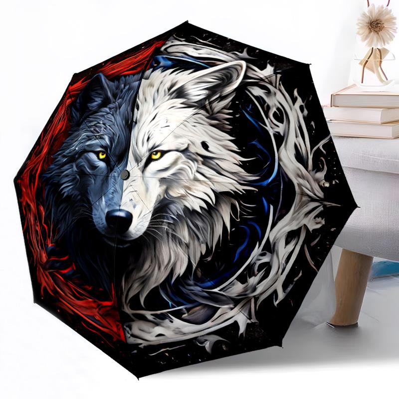 Wolf Yin Yang Automatischer Outdoor-Regenschirm Einziehbares Design mit 8 Speichen Langlebig Leicht Perfektes Geschenk für Freunde Familie
