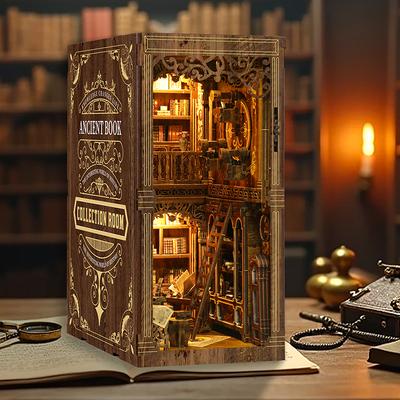 Dřevěný Mini Domeček pro Panenky DIY Kit Knižní Zarážka Montážní Model 3D Puzzle Zarážka na Knihy Hračky Vložka do Knihovny Dekorace s LED Světlem Vánoční Dárky