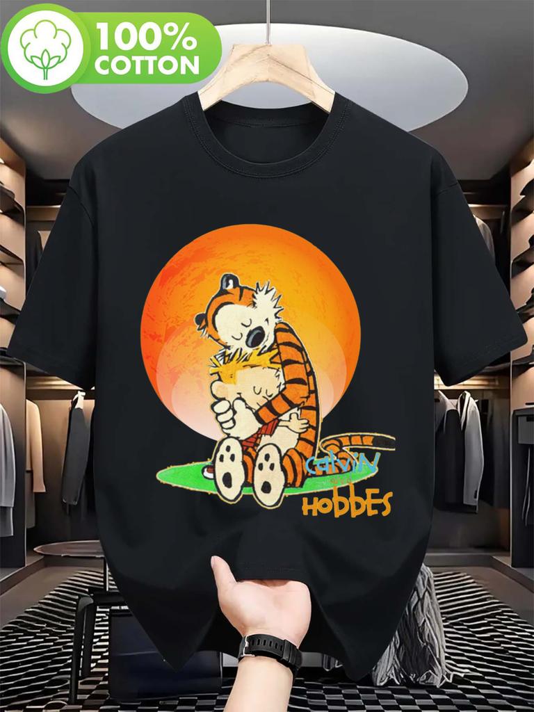 Unisexs Calvin and Hobbs Cartoon Tshirtblack with Iconic Calvin and Hobbs Prints Unisex Soft Cotton Casual Tshirt Nostalgic Calvin and Hobbs Fans