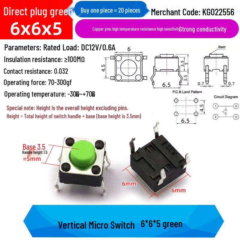 4-Pin Vertical Micro Touch Button Switch for Induction Cooker, 6x6x5mm SMD