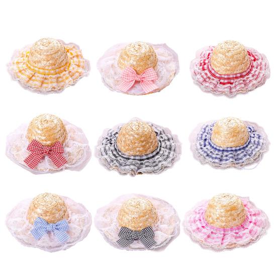 Cat Straw Hat Lace Ruffle Cute Bow Cat Sun Hat Elastic Strap Adjustable Retro Sun Hat for Cats Small Dogs Sun Protection Photo Prop