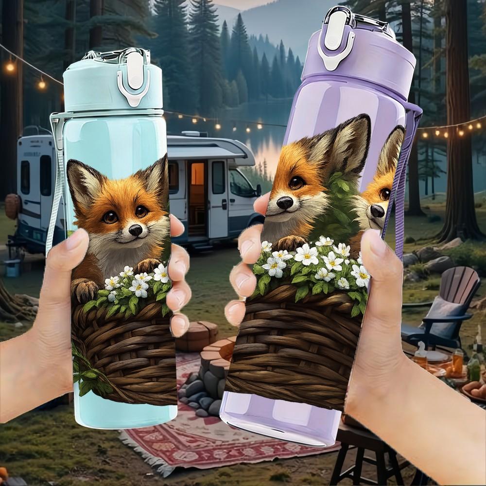 1PC Two Fox In Woven Basket Print 750ml Color Plastic Sports Water Bottle Leakproof Flip Straw Lid Suitable for Sports Office Home Use