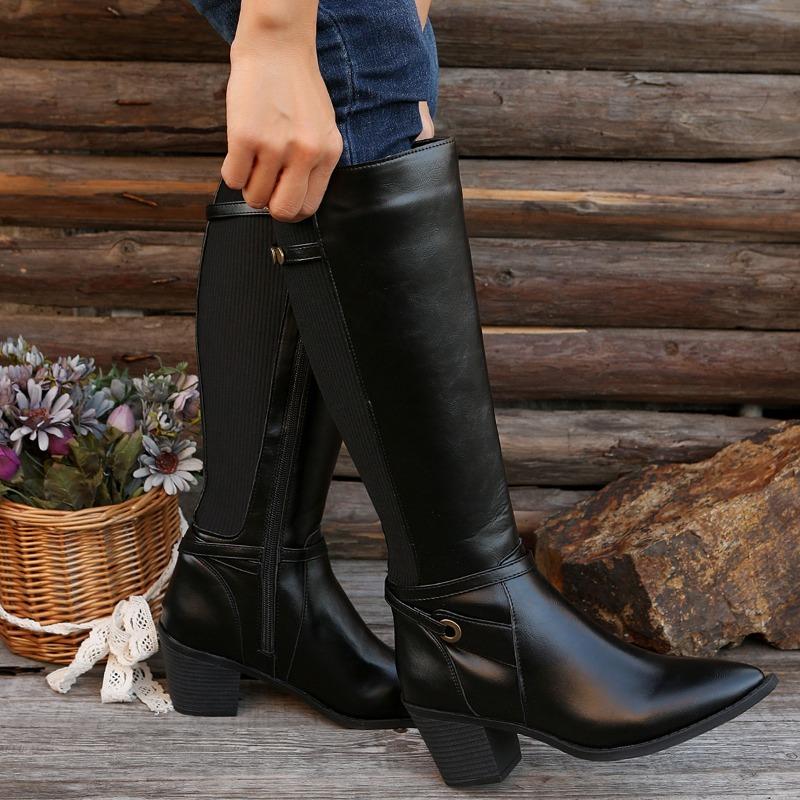 High-top Shoes, Thick-heeled Pointed Boots, Large-sized Mid-heeled Side Zipper Boots, Women's Shoes