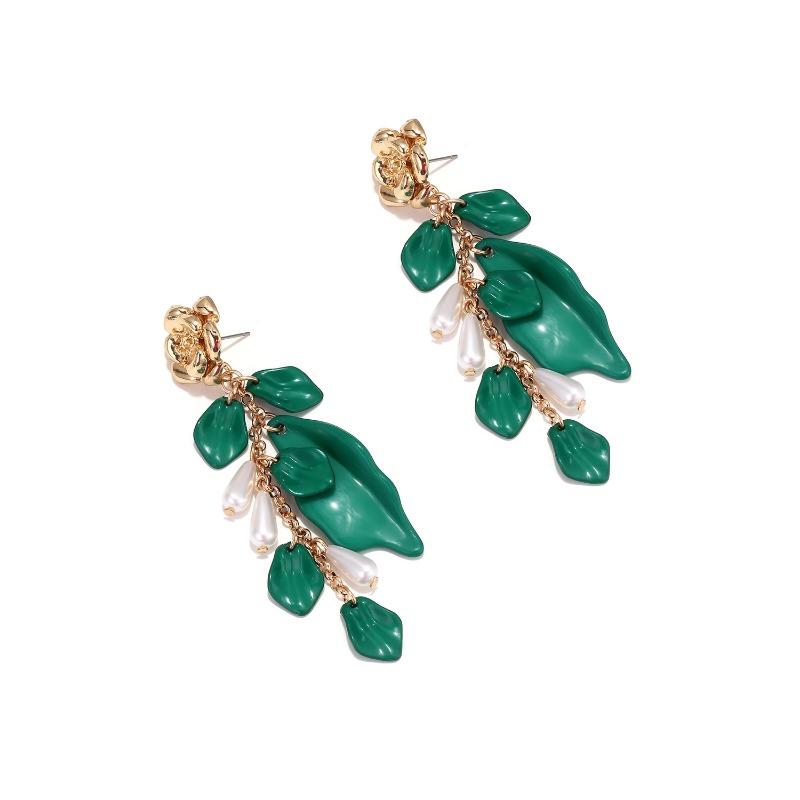 1 PAIRE boucles d'oreilles perles schéma de couleurs vert rétro doré boucles d'oreilles à franges florales atmosphère exagérée boucles d'oreilles haut de gamme femmes