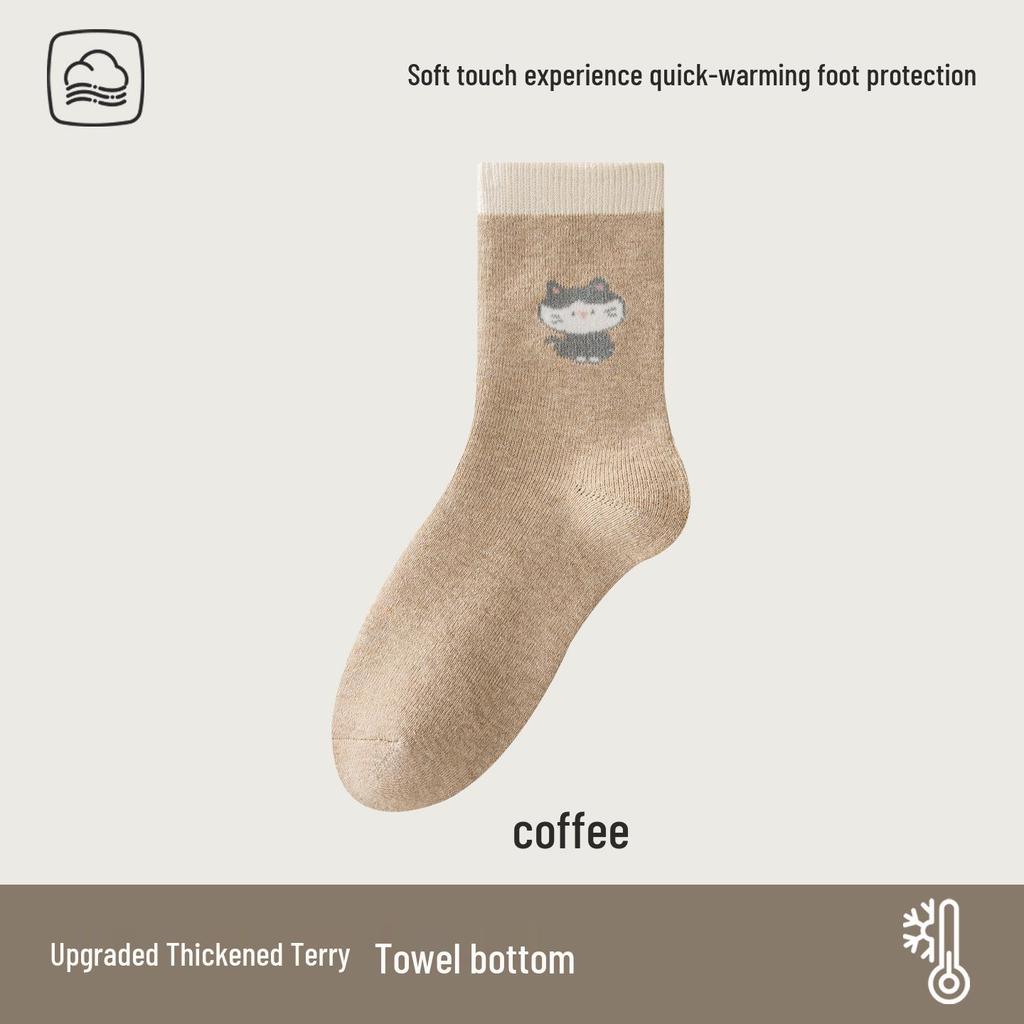 Women's Extra Thick Cat Mid-Tube Terry Socks for Autumn and Winter Warmth