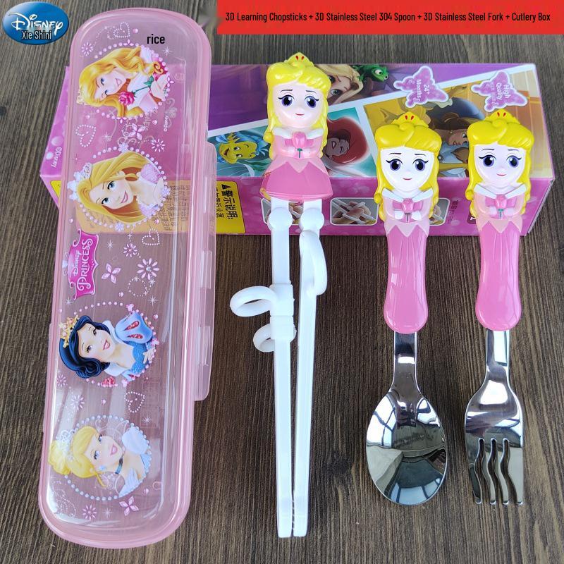 Disney 3D Cartoon Children's Stainless Steel Cutlery Set: Fork, Spoon, and Training Chopsticks