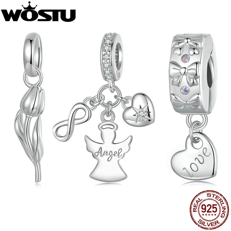 WOSTU real 925 Sterling Silver Guardian Angel Charm Flower Pendant Bow Stopper Beads Fit Bracelet Necklace Pendant Party Jewelry
