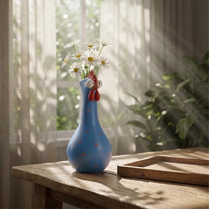 Colorful Dot Rooster Shape Flower Vases Unique Resin Long Neck Chicken Sculpture For Living Room Office Decoration