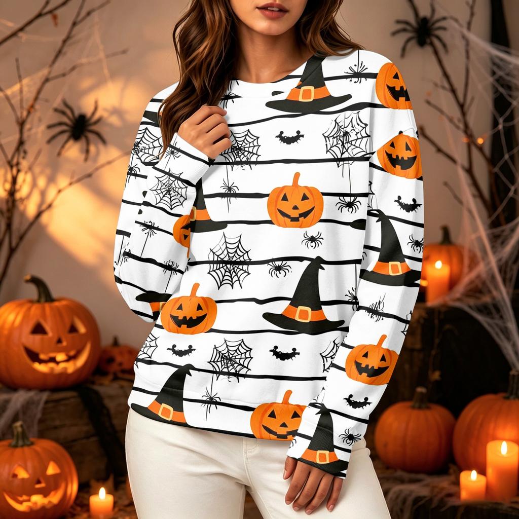 Women's Halloween Long Sleeve Sweatshirt with Pumpkin Print, Round Neck Pullover Top for Casual Daily Wear