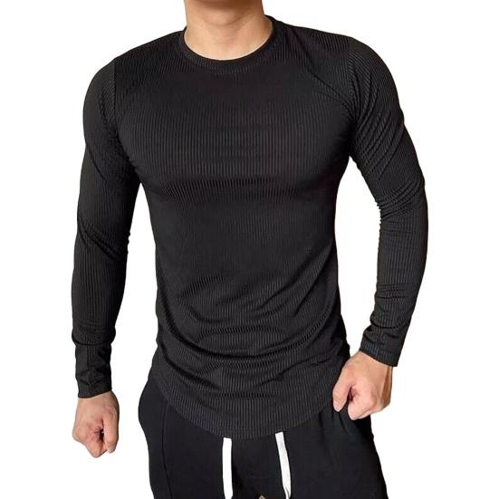 Мужской спортивный топ Slim Fit Высокая эластичность Полосатая текстура Круглый вырез Быстросохнущий M чёрный