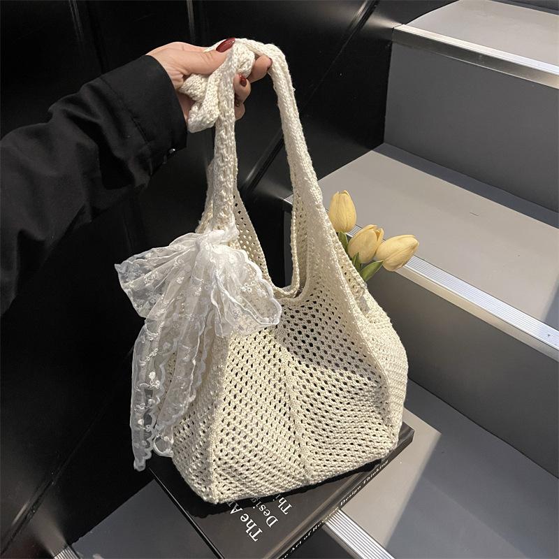 Women Crochet Tote Candy Bag Fashion Knitted Large Capacity Woven Shoulder Bags Solid Color Simple Shopping Bag for Summer Beach