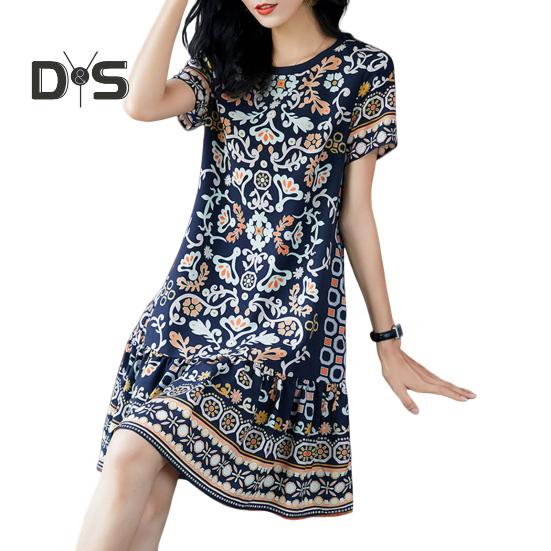 Letní dámské šaty s kulatým výstřihem Poloviční rukávy Retro potisk A-line Velký lem Délka ke kolenům Volné Běžné Denní nošení Dovolená Midi Šaty