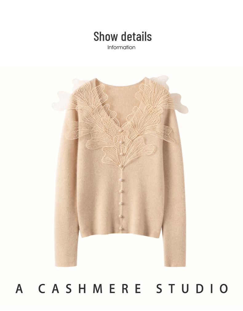Women's Cloud Leaf Lace V-Neck Cashmere Sweater: Autumn/Winter Slimming Pullover, Single-breasted Base Layer Top.