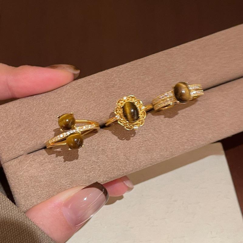 Real gold electroplated zircon tiger's eye stone oval open ring niche high-end index finger ring retro versatile jewelry
