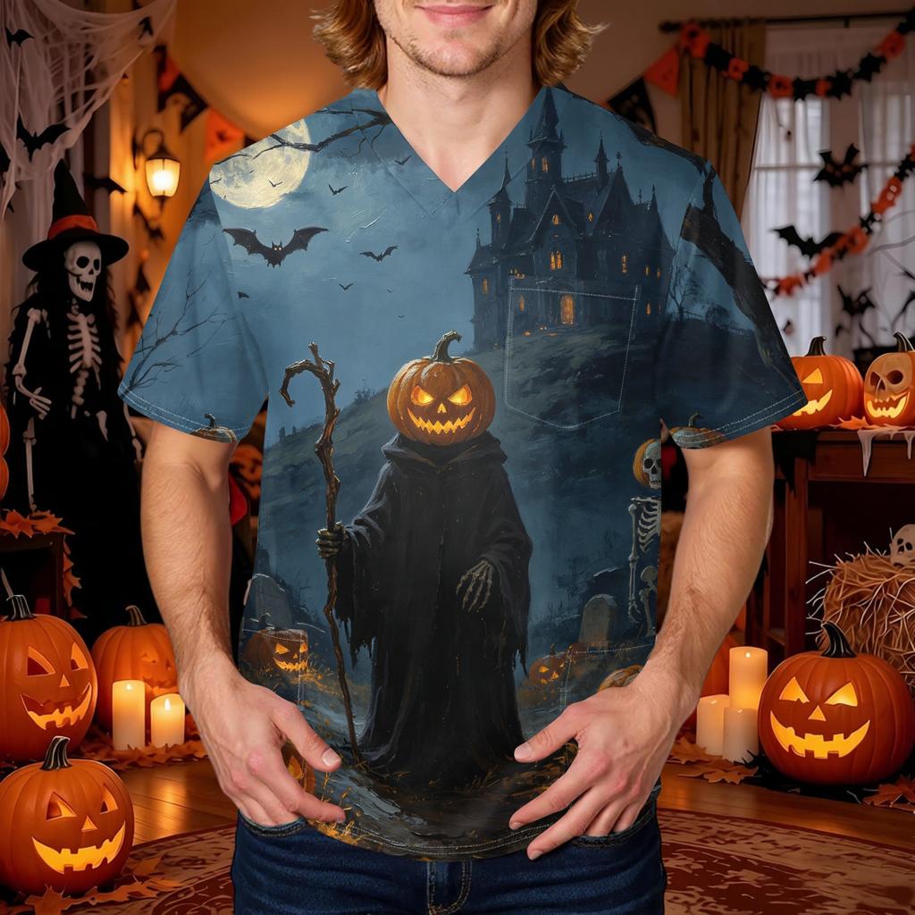 Herren Halloween Print V-Ausschnitt Kasack mit Tasche Kurzarm Uniformhemd