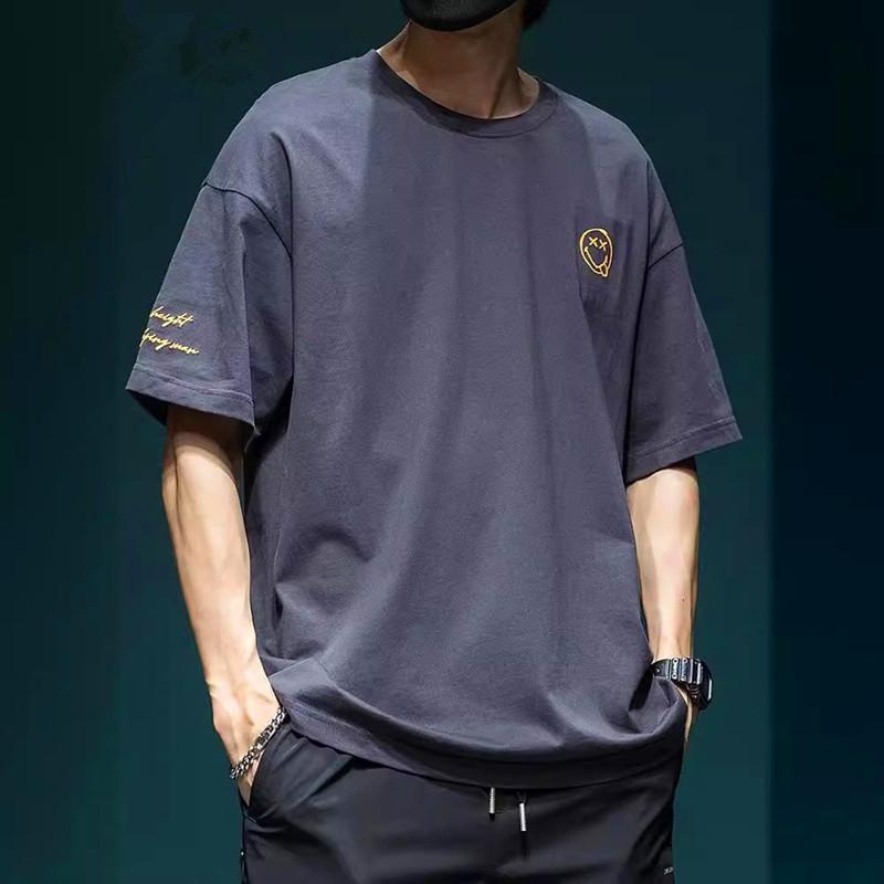 

Men s 2026 Summer Plus Size Smiley Face Embroidery Short Sleeve Casual Cotton T-Shirt S (90-105 jin) темно-серого
