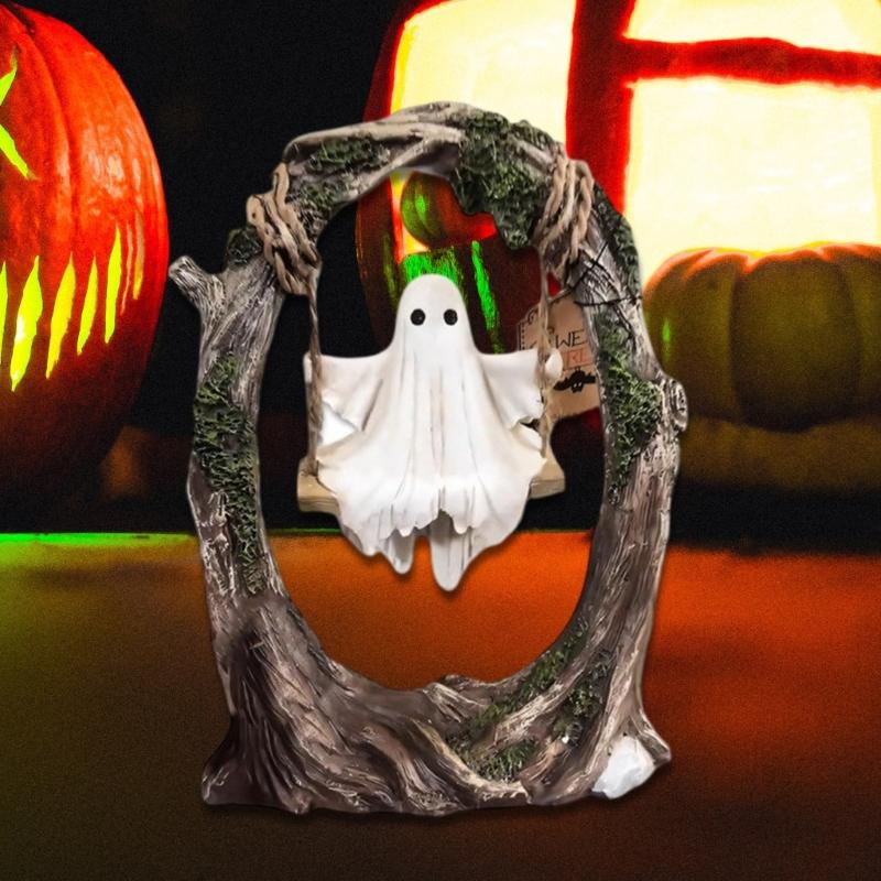 Ghosty on a Tree Swing Resin Ghosty Figurines Garden Decors Halloween Decorations for Desktop Bookshelf Garden Lawn