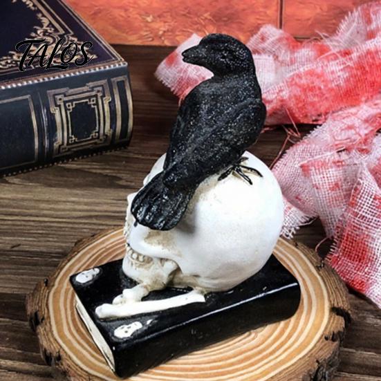 Vintage Style Skull Statue Mystical Raven on Statue, Gothic Crow Perching Figurine Decor with Book, Spooky Halloween Resin Sculpture for Desk