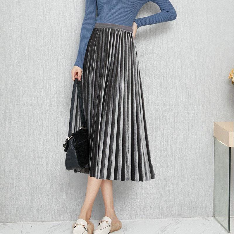 Women's High-Waisted Gold Velvet Pleated A-Line Long Skirt
