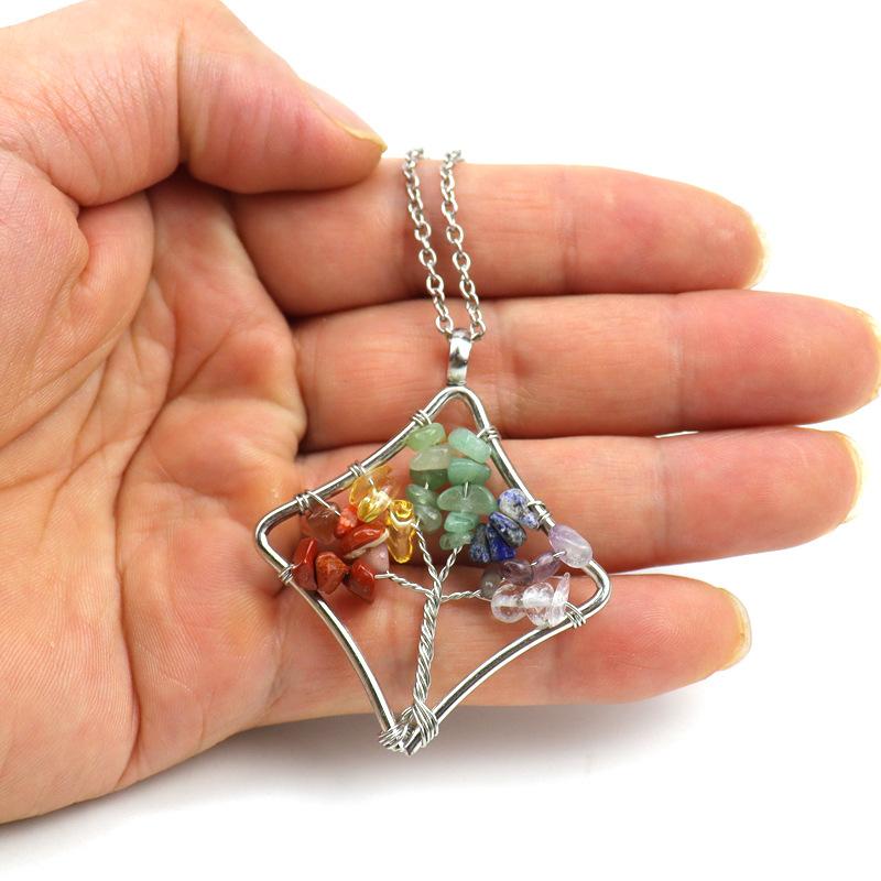 Handmade Winding Square Tree Of Life Necklace Gravel Crystal Pendant N92