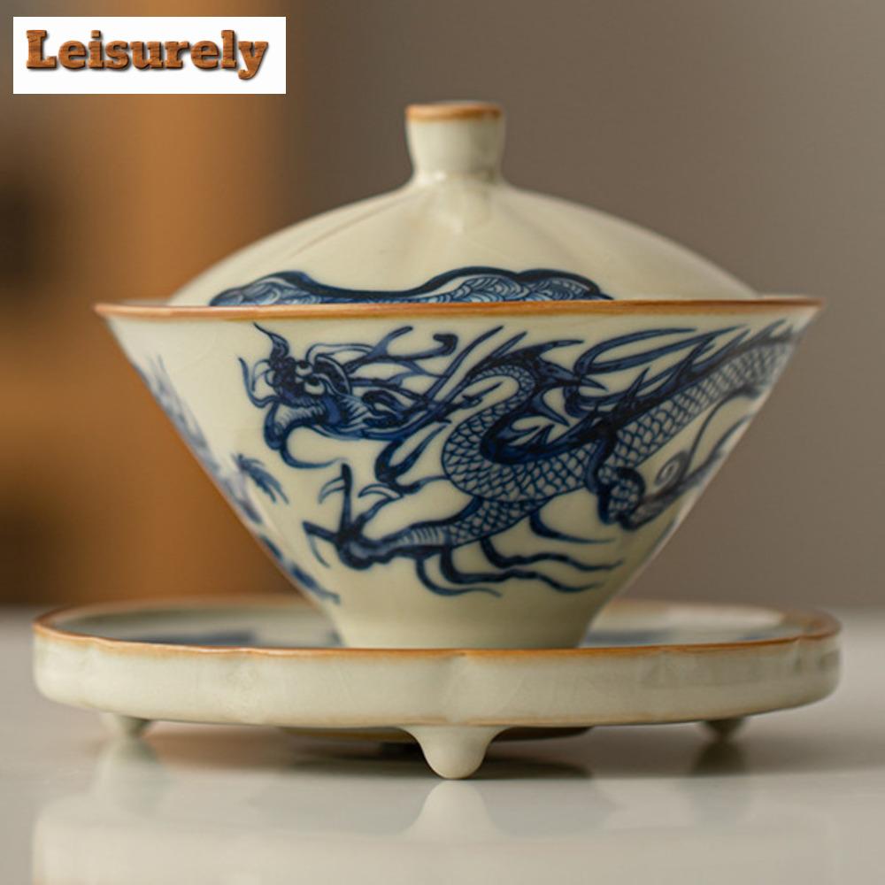 Estetyczny Beżowy Porcelanowy Czajnik z Pieca Ru Wzór Niebiesko-Białego Smoka Czajniczek Xishi Czajnik do Herbaty Gaiwan Rzemiosło Ceremonii Herbaty