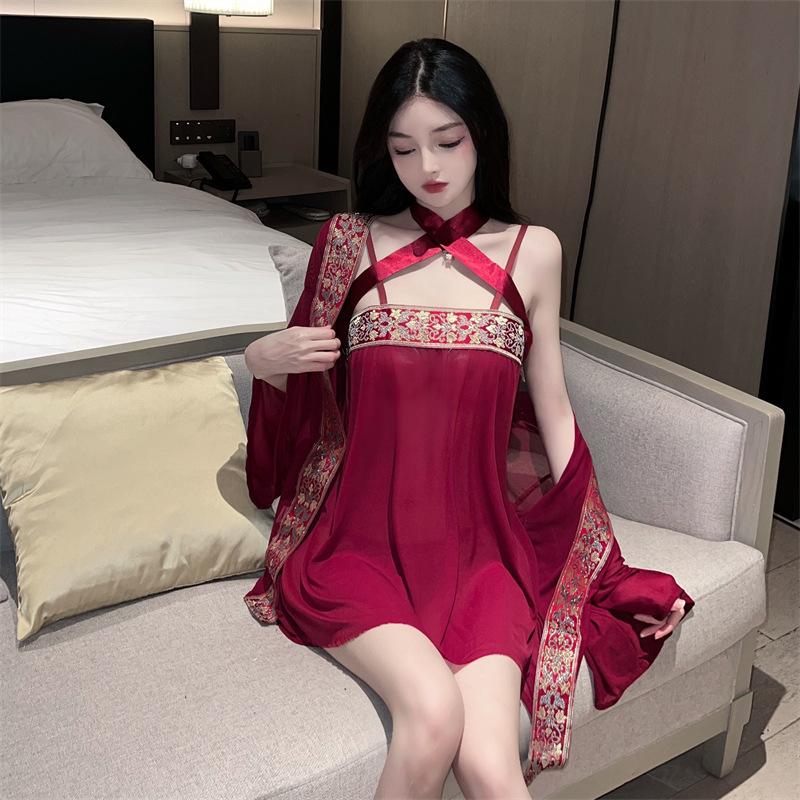 Sexy underwear sexy three-piece uniform set perspective soft yarn antique red tube top skirt outer blouse Hanfu