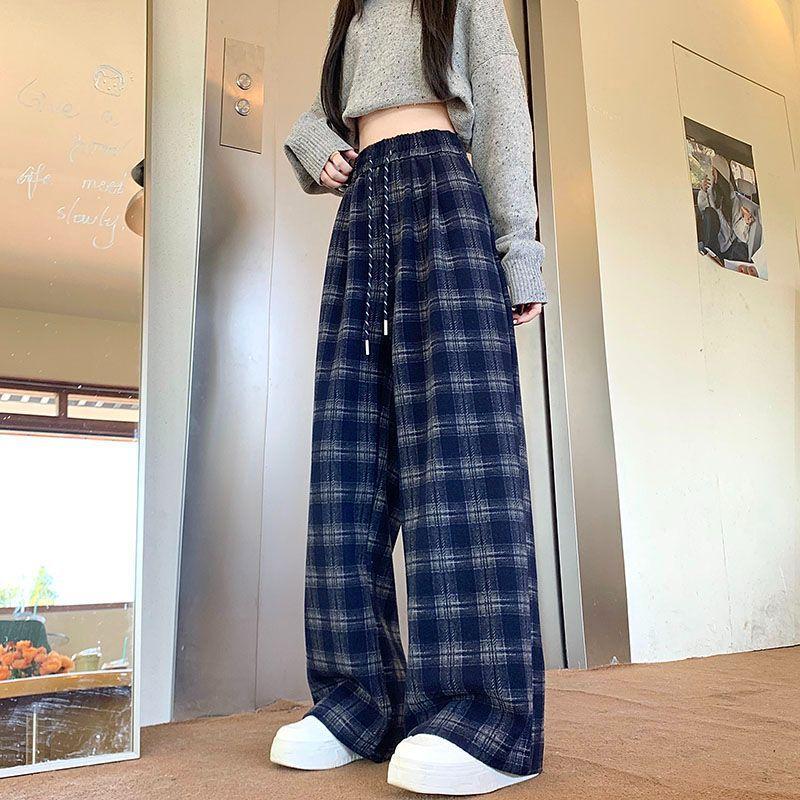Early Spring Blue Plaid Casual Pants for Women with High Waist Straight-leg Pants Design Slim and Loose Wide-leg Pants